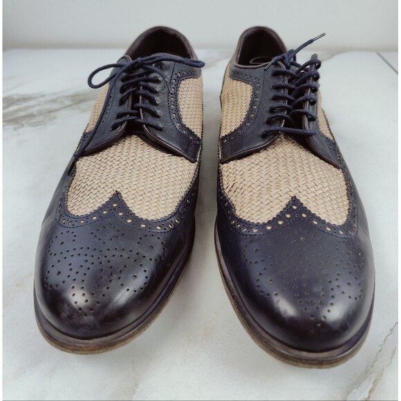 Fratelli Rossetti Men\'s Navy Cream Woven Leather Wingtip Derby Dress Shoes, 10 main image 12